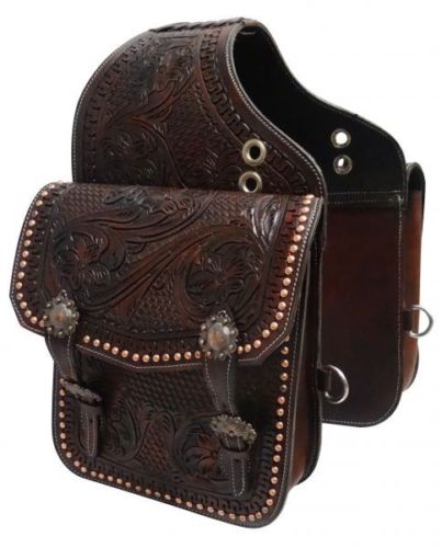 Tooled Dark Oil Brown Leather Western Saddle Bags SB-56